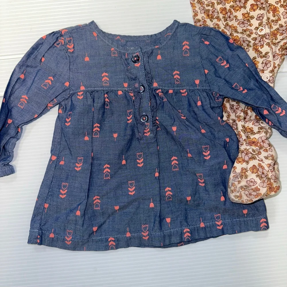Lot of 3 Baby Girl Carter's 6 Months Floral Sleeper & Tops Bundle Blue Beige
